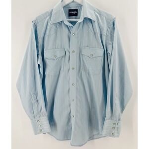 Wrangler Shirt Mens Sz M‎ Light Blue Western Pearl Snap Long Sleeve Cowboy S1012